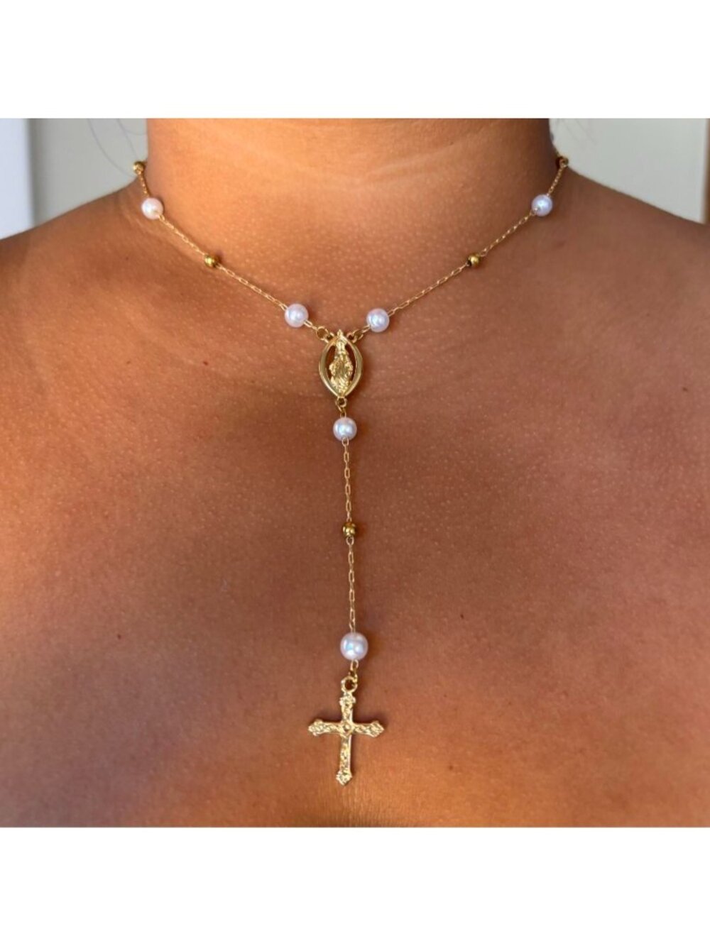 Pearl + Gold Rosary Necklace 18K Gold Filled16...